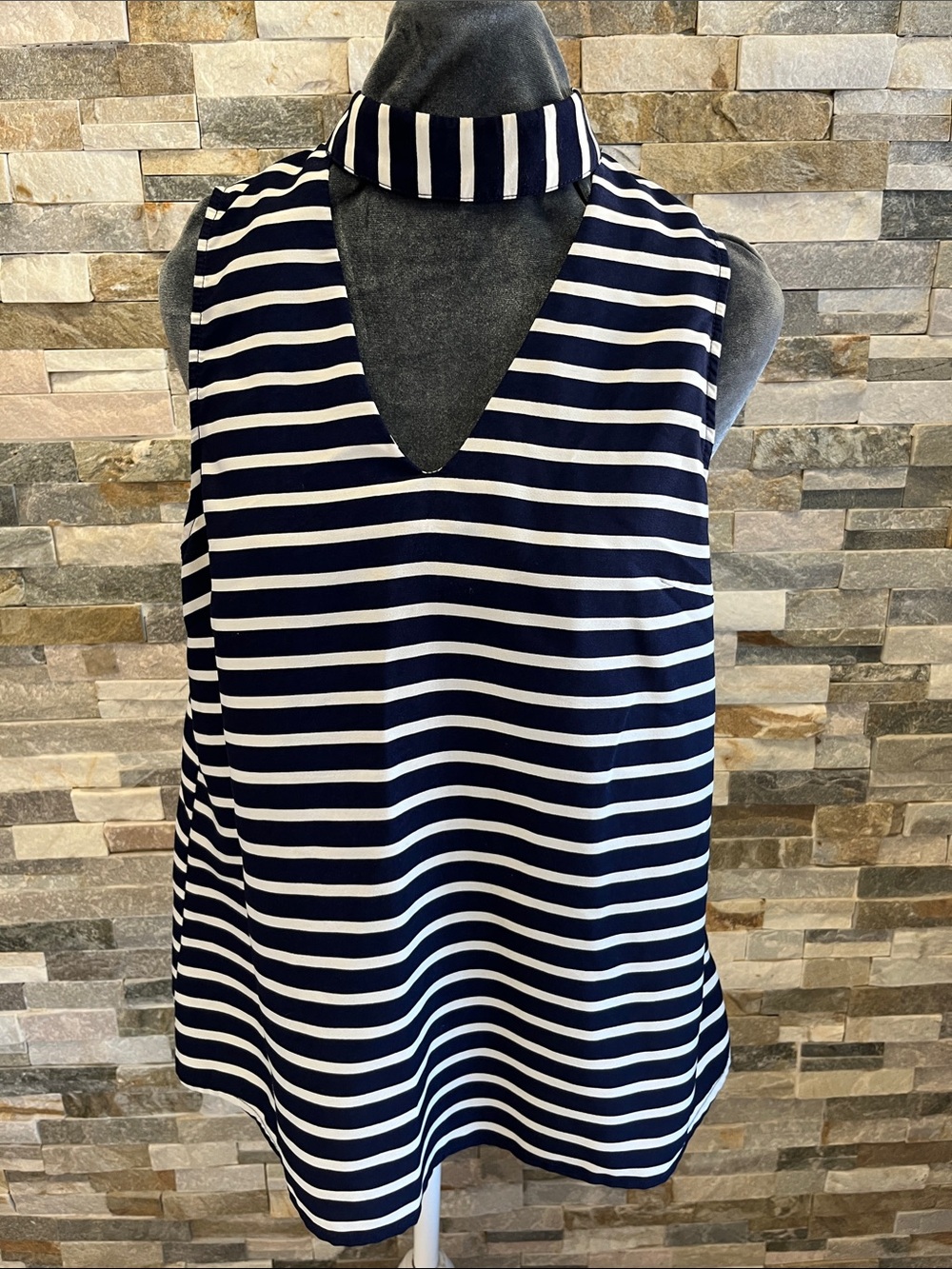MOD Navy and White Striped Sleeveless Choker-Detail Blouse